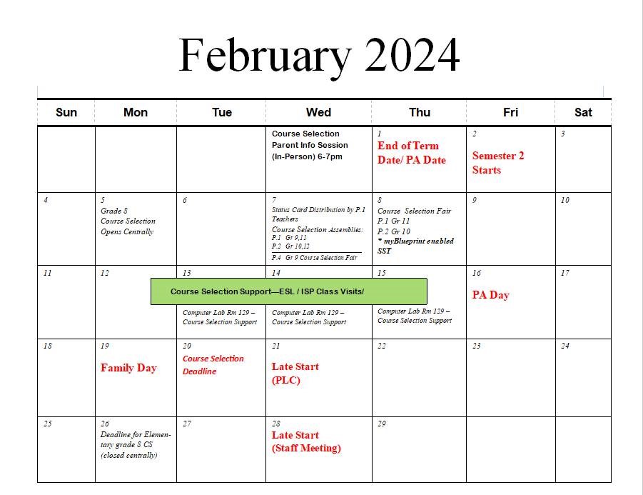 course selection calendar feb 2024